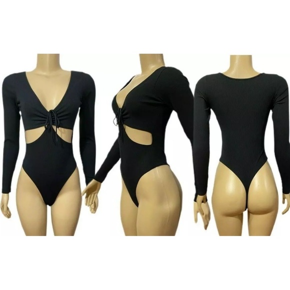 Victorias Secret Low Cut Long Sleeve Tie-Up Front Bodysuit XL Black New - Picture 1 of 3